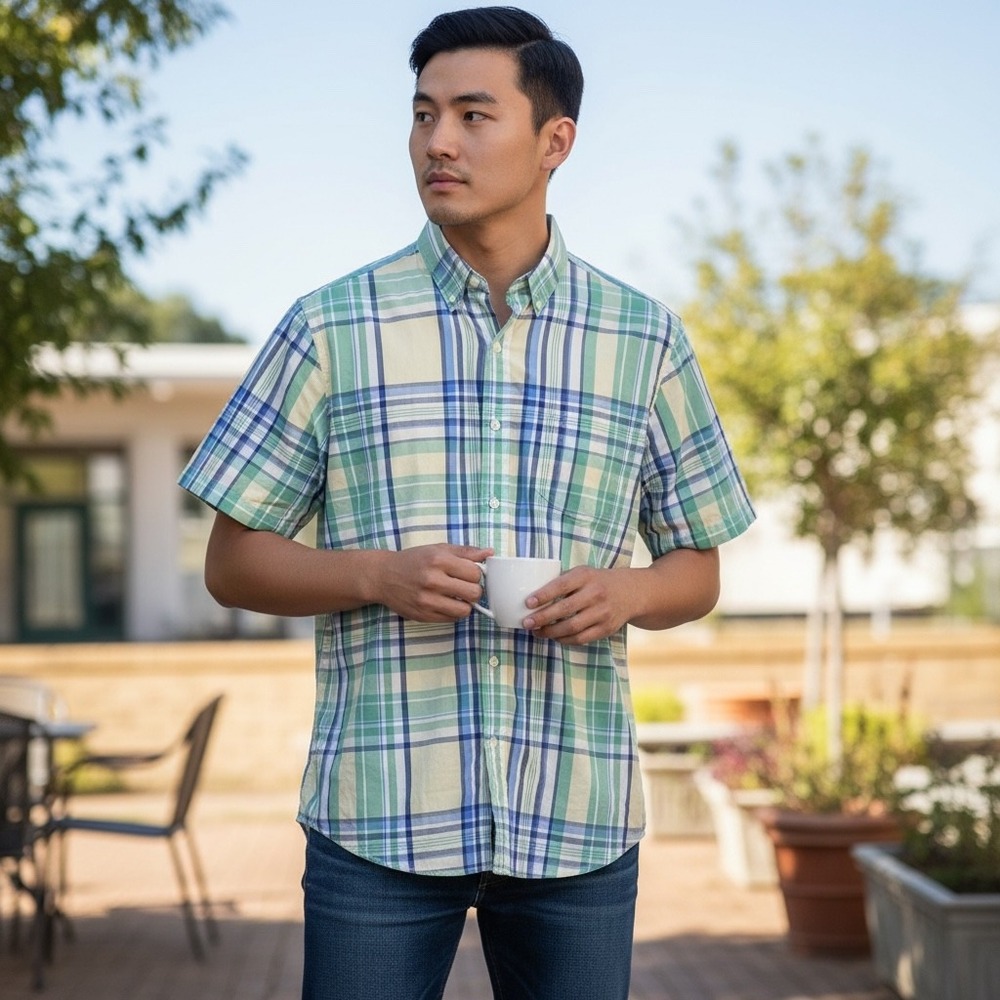 Chaps Mens Large ShortSleeve Plaid Button Down Shirt Green Blue Easy Care spring